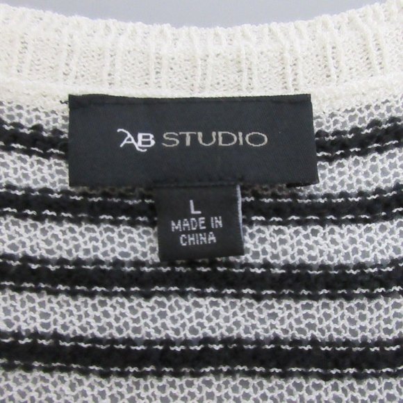 AB Studio Open Front Cardigan Sweater Sz Large Black & White Stripes Short Sleev - Picture 4 of 7